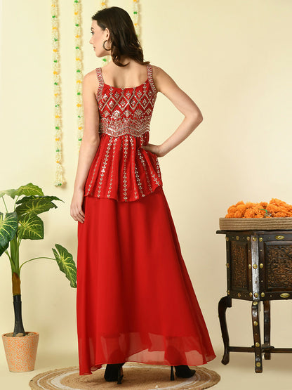 Myshka Women's Red Georgette Top With Skirt Party Sets - Distacart