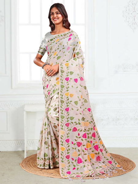 Astita Linen Cotton White Saree