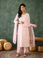 Thumbnail for The52 Baby pink Women's Gorgeous Cotton Blend Fabric Thread Work Straight Kurta, Pant and Dupatta Set - Distacart