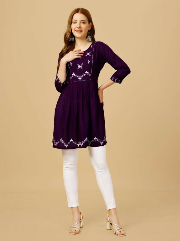 Jyoti Fashion Women's Purple Viscose Rayon Embroidered Casual Top - Distacart