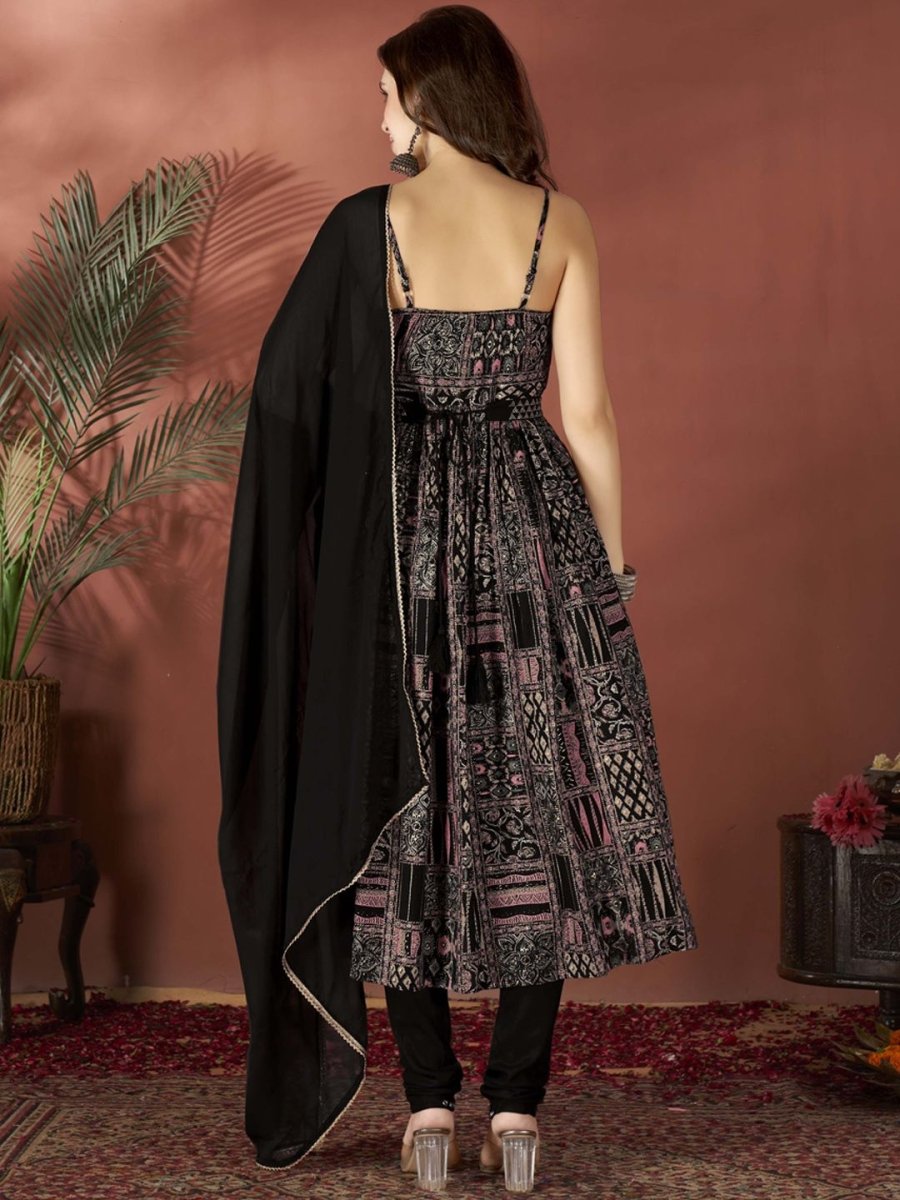 Anouk Black Floral Printed Sleeveless Pleated Anarkali Kurta With Churidar & Dupatta