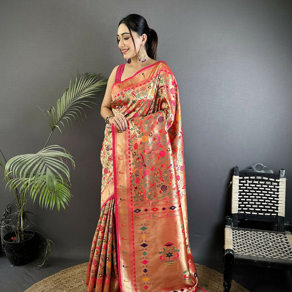Joban Fashion Rani Pink Floral & Leaf Designs Soft Silk Paithani Saree - Distacart
