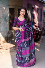 Thumbnail for Purple Linen Blend Ethnic Motifs Saree with Unstitched Blouse - A2M