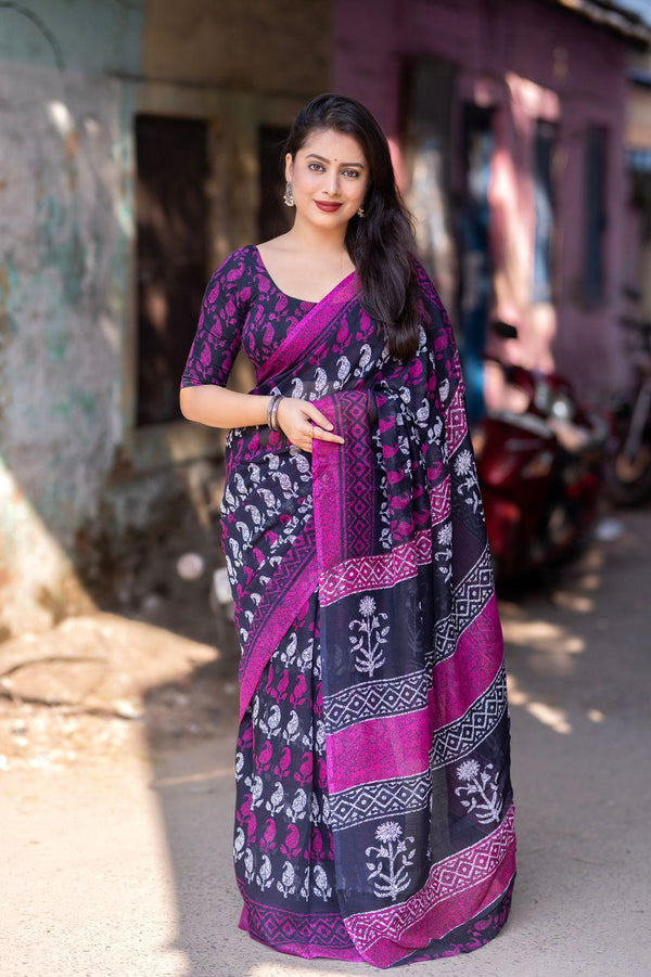 Purple Linen Blend Ethnic Motifs Saree with Unstitched Blouse - A2M