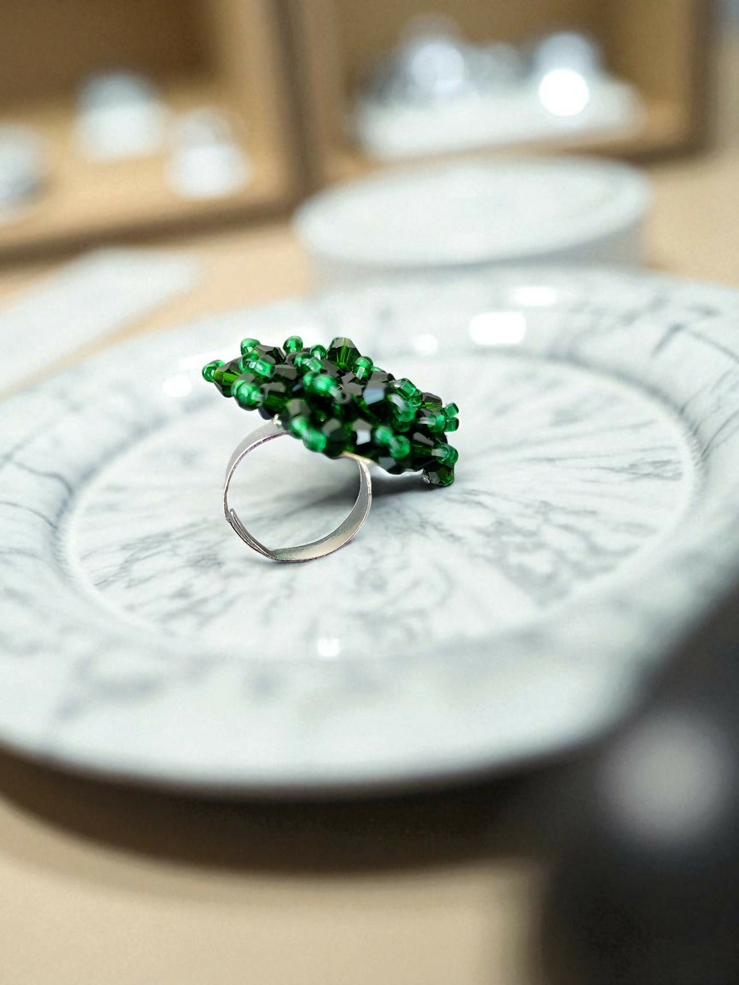 Inhanns Rang-E-Roshan Adjustable Ring – Handmade Crystal Statement Ring - Dark Green - Distacart