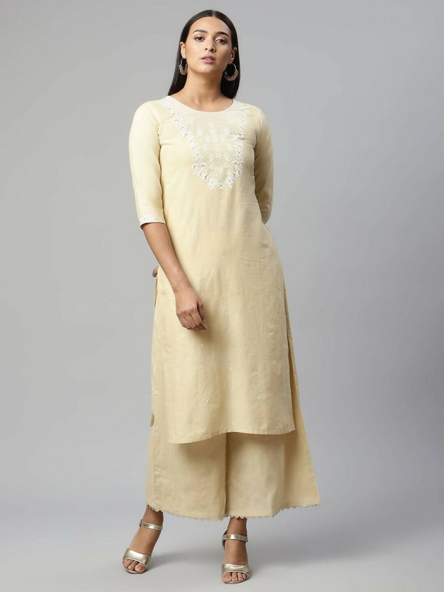 Ahalyaa Womens Chiku Pure Cotton Printed Kurta Palazzo Set - Distacart