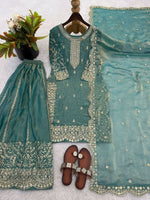 Thumbnail for Teeya Creation Turquoise Color Fendy Silk Embroidery Work Wedding Wear Salwar Suit - Distacart