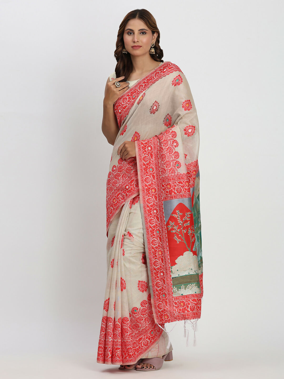 Astita Linen Cotton Cream & Red Saree