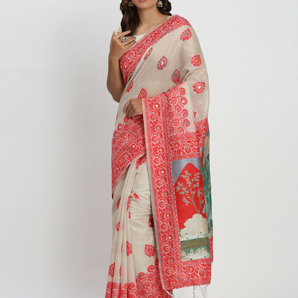 Astita Linen Cotton Cream & Red Saree