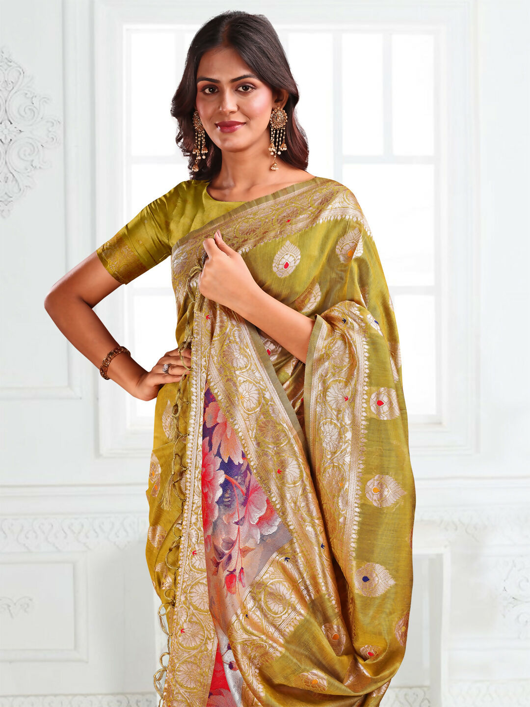 Astita Linen Cotton Mhendi Green Saree