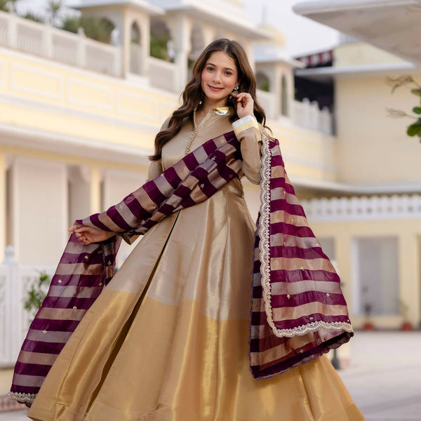 Teeya Creation Multi Color Pure Banarasi Viscose Wedding Wear Long Gown - Distacart