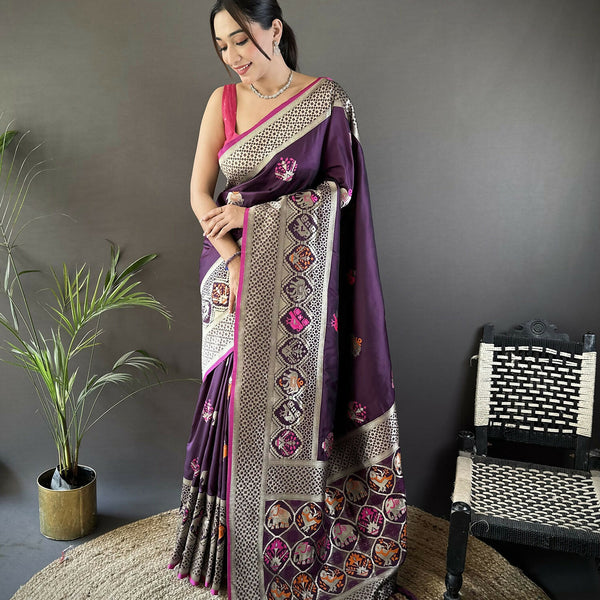 Joban Fashion Wine Elephant & Floral Motifs Soft Lichi Silk Banarasi Saree - Distacart