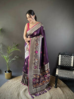 Thumbnail for Joban Fashion Wine Elephant & Floral Motifs Soft Lichi Silk Banarasi Saree - Distacart