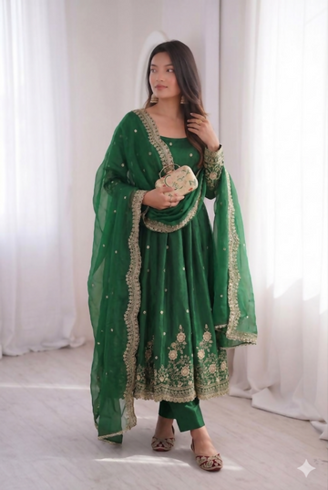 Teeya Creation Womens New Latest Trendy Elegant Green Embroidered Anarkali Suit Set with Scalloped Dupatta - Dista