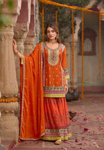Thumbnail for Anaita Orange Chinon Readymade Palazzo Suit with Codding Dori & Sequence Work - Distacart