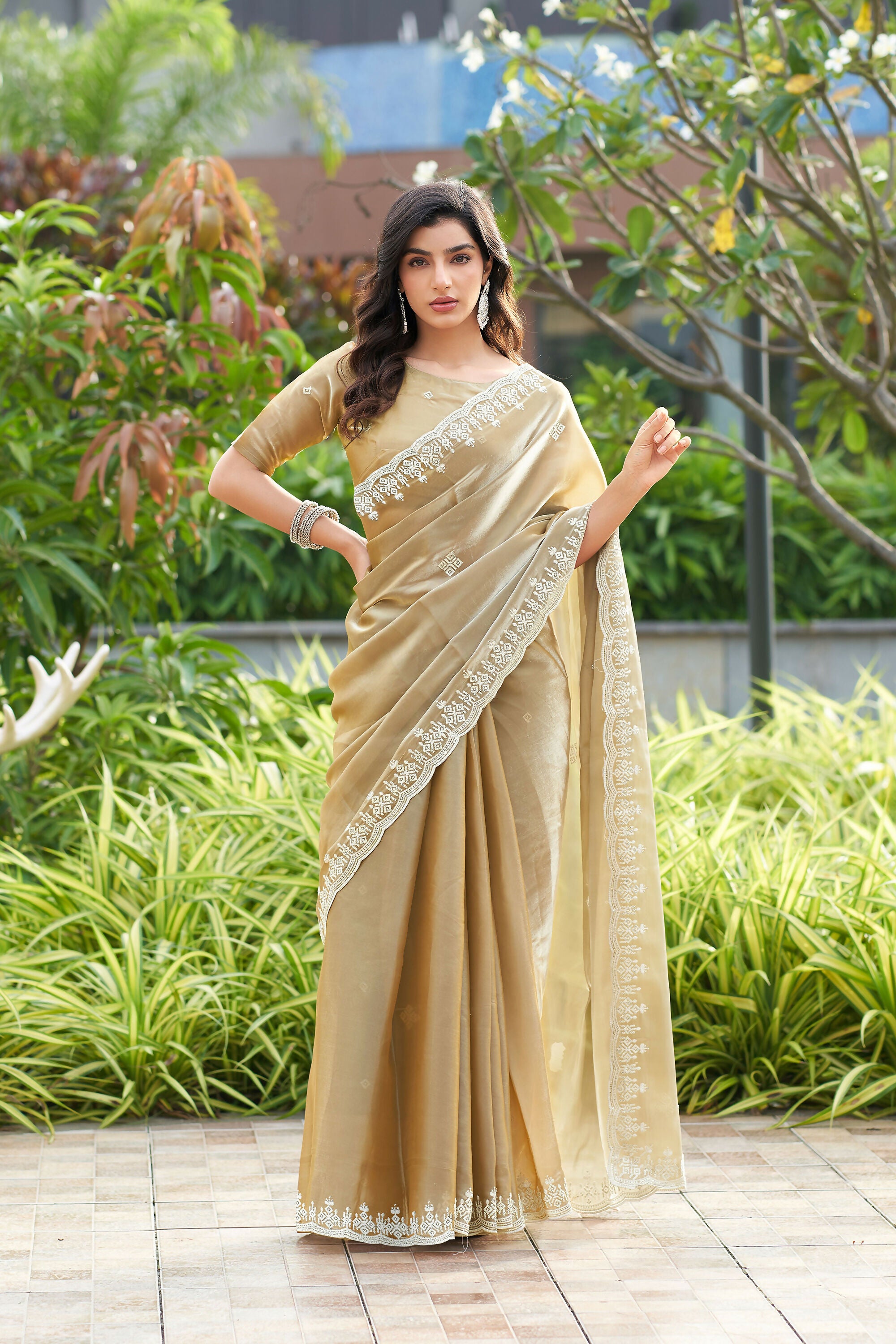Vastranavya Beige Embroidery Work Shimmer Chiffon Saree with Unstitched Blouse