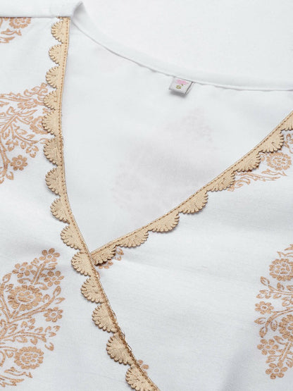 Ahalyaa Women White & Golden Ethnic Printed Tunic - Distacart