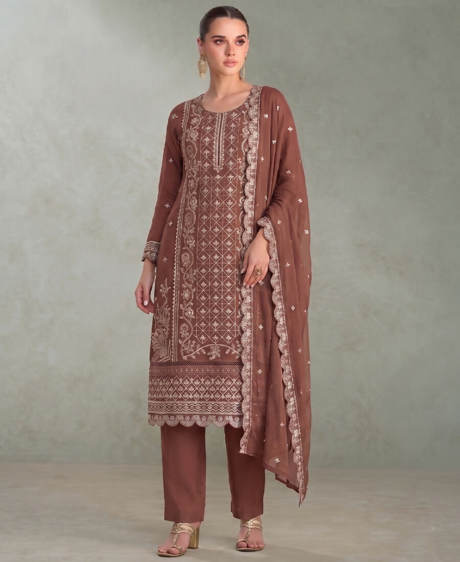 KC Peach Pakistani Straight Suit For Women Chiffon - Dista