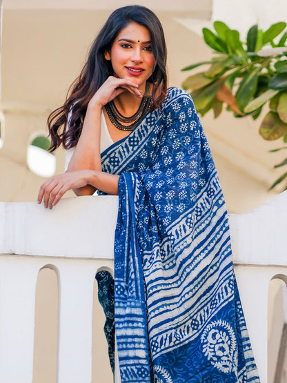 Zibaa Hand-Blocked Pure Mul Cotton Indigo Saree - Distacart