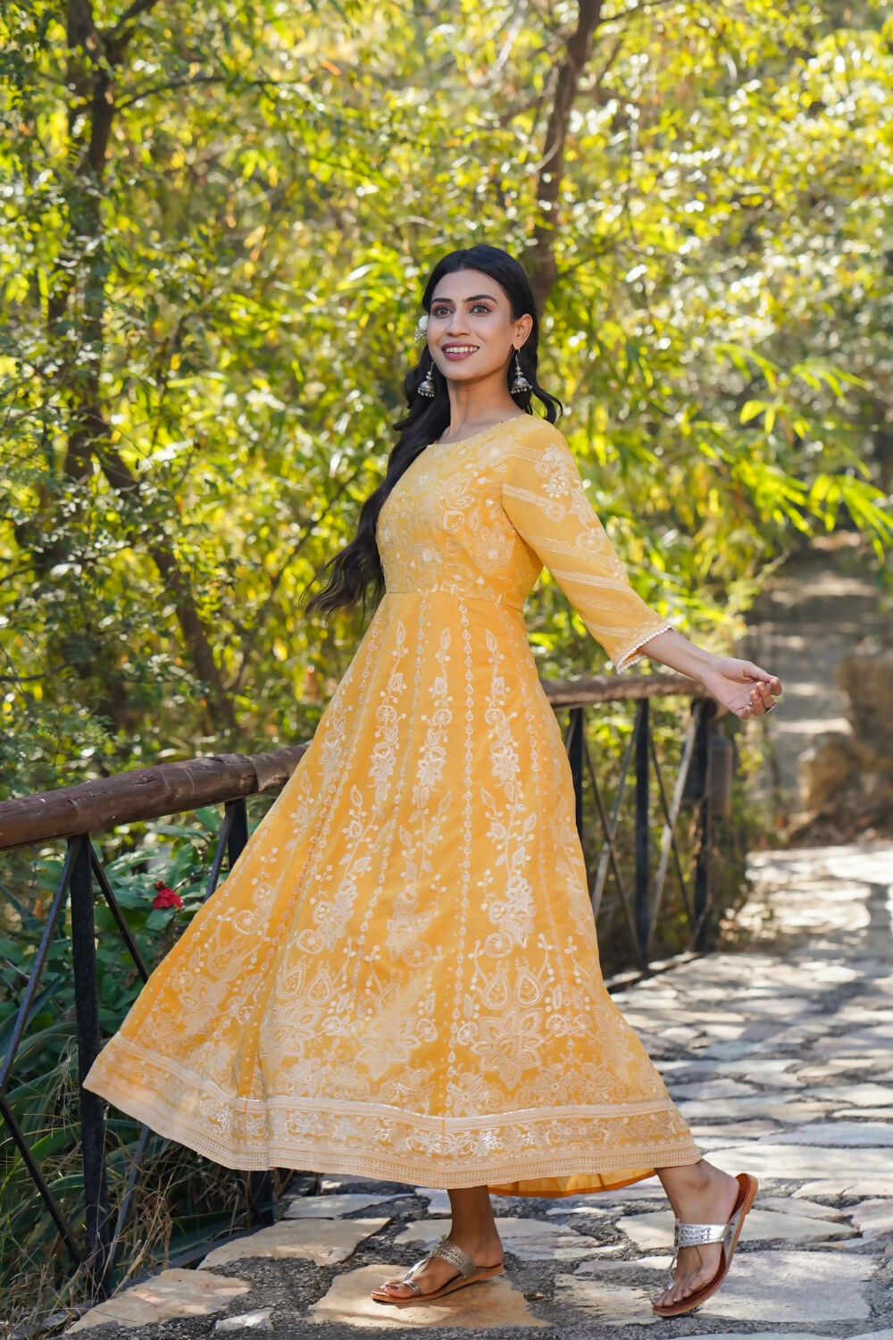 Juniper Yellow Floral Printed Georgette Maxi Dress With Beads Kantha Work & Sequins At Neckline - Distacart