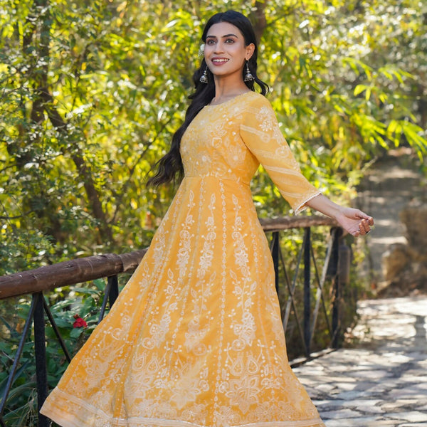 Juniper Yellow Floral Printed Georgette Maxi Dress With Beads Kantha Work & Sequins At Neckline - Distacart