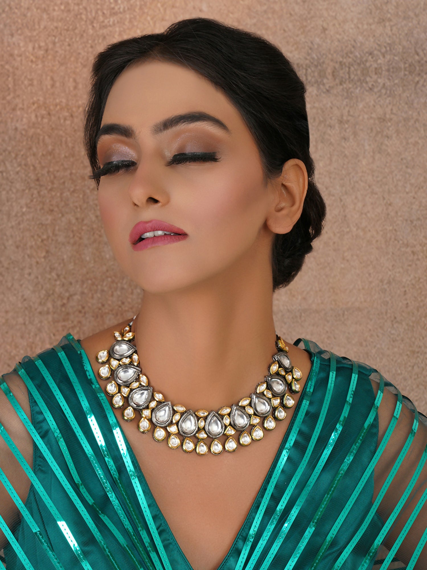 Dual Tone Kundan Neckpiece (silver) - Ruby Raang - Distacart