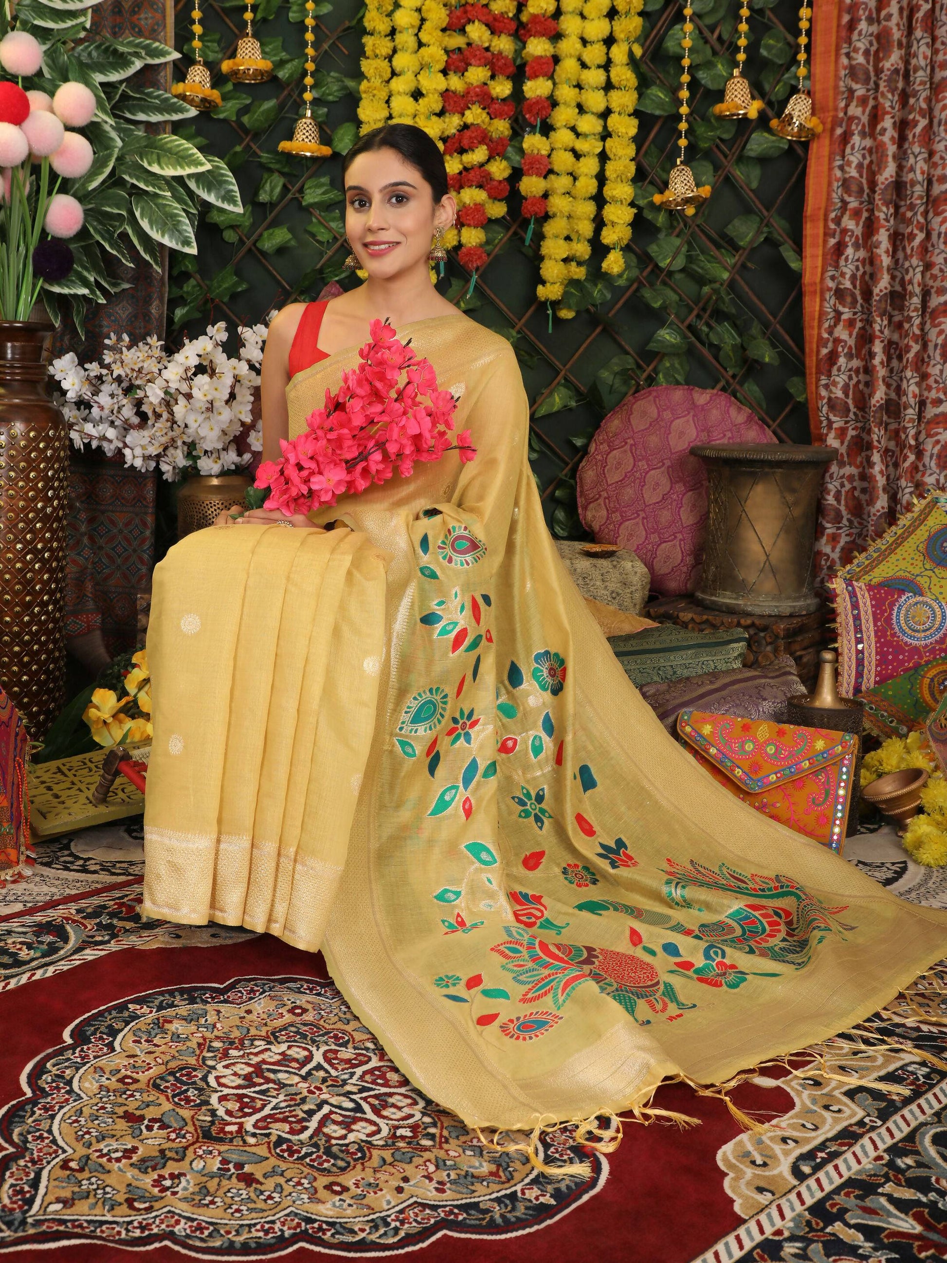 Shree Shyam Fashion Linen Cotton Yellow Saree - Distacart
