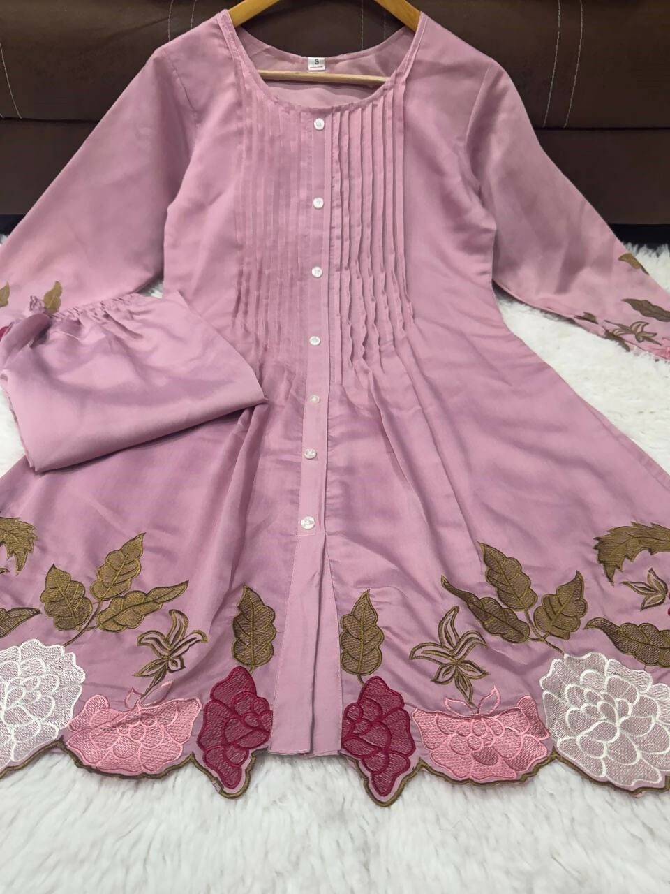 Teeya Creation Women's Peach Embroidered Kurti Set - Dista