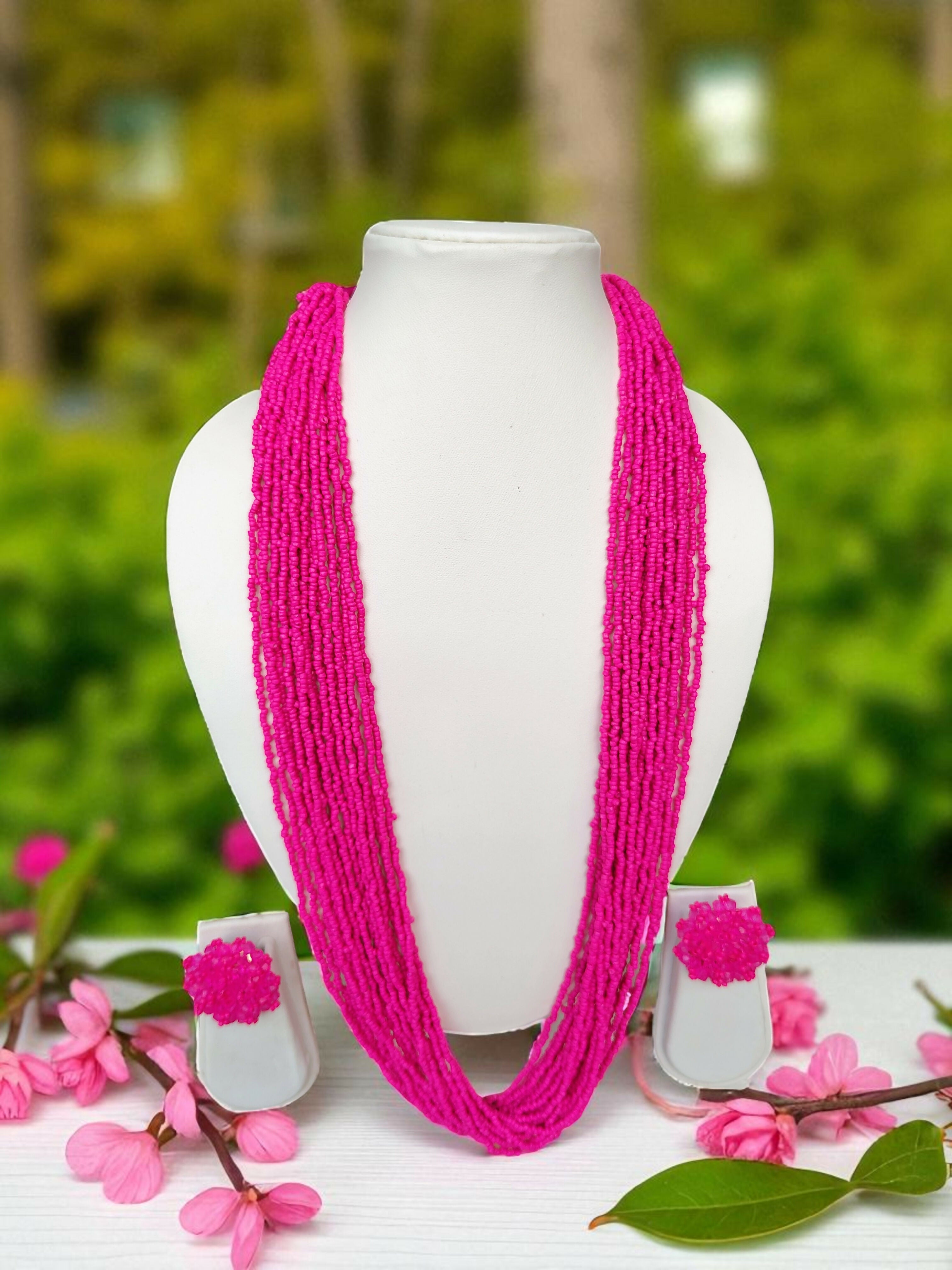 Inhanns Rangsaaz 20-Layer Luxe Long Beaded Necklace (With Optional Statement Earrings) - Pink With Earring - Distacart