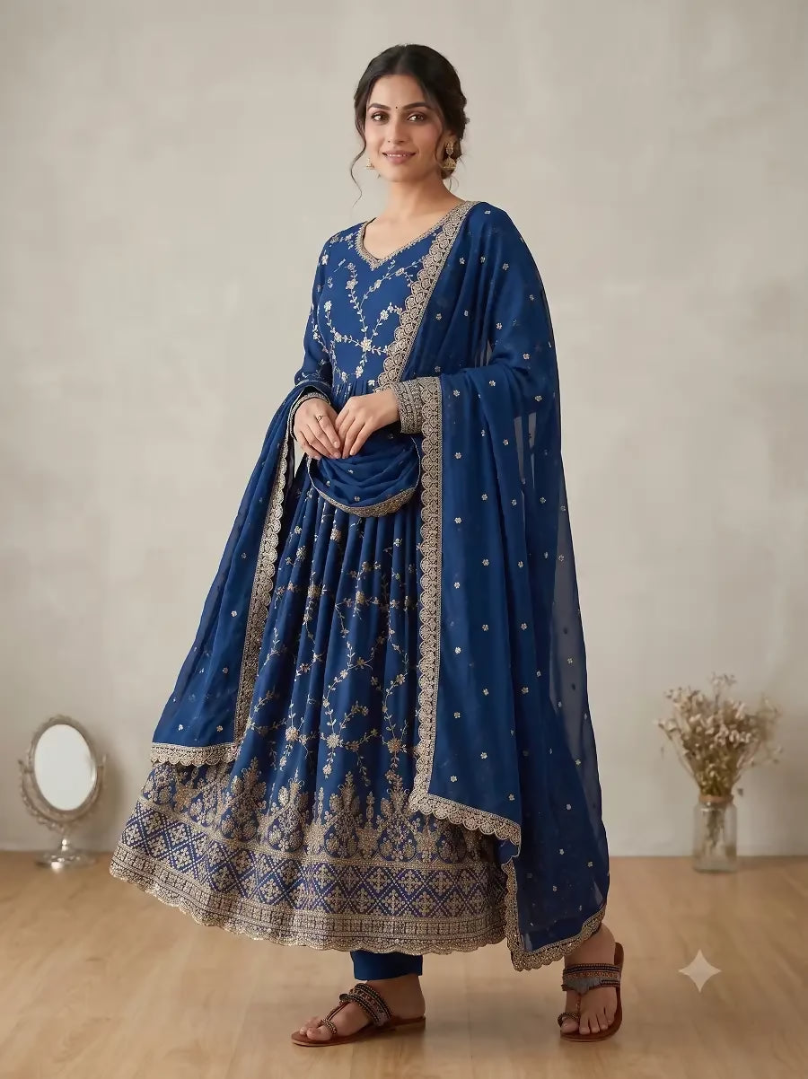 Teeya Creation Royal Blue Zari Embroidered Georgette Anarkali Suit with Dupatta
