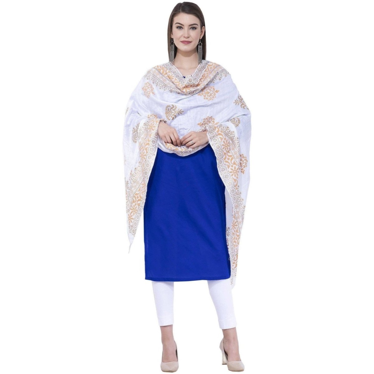 A R Silk Women's Gold Print Silk White Dupattas and Chunnis