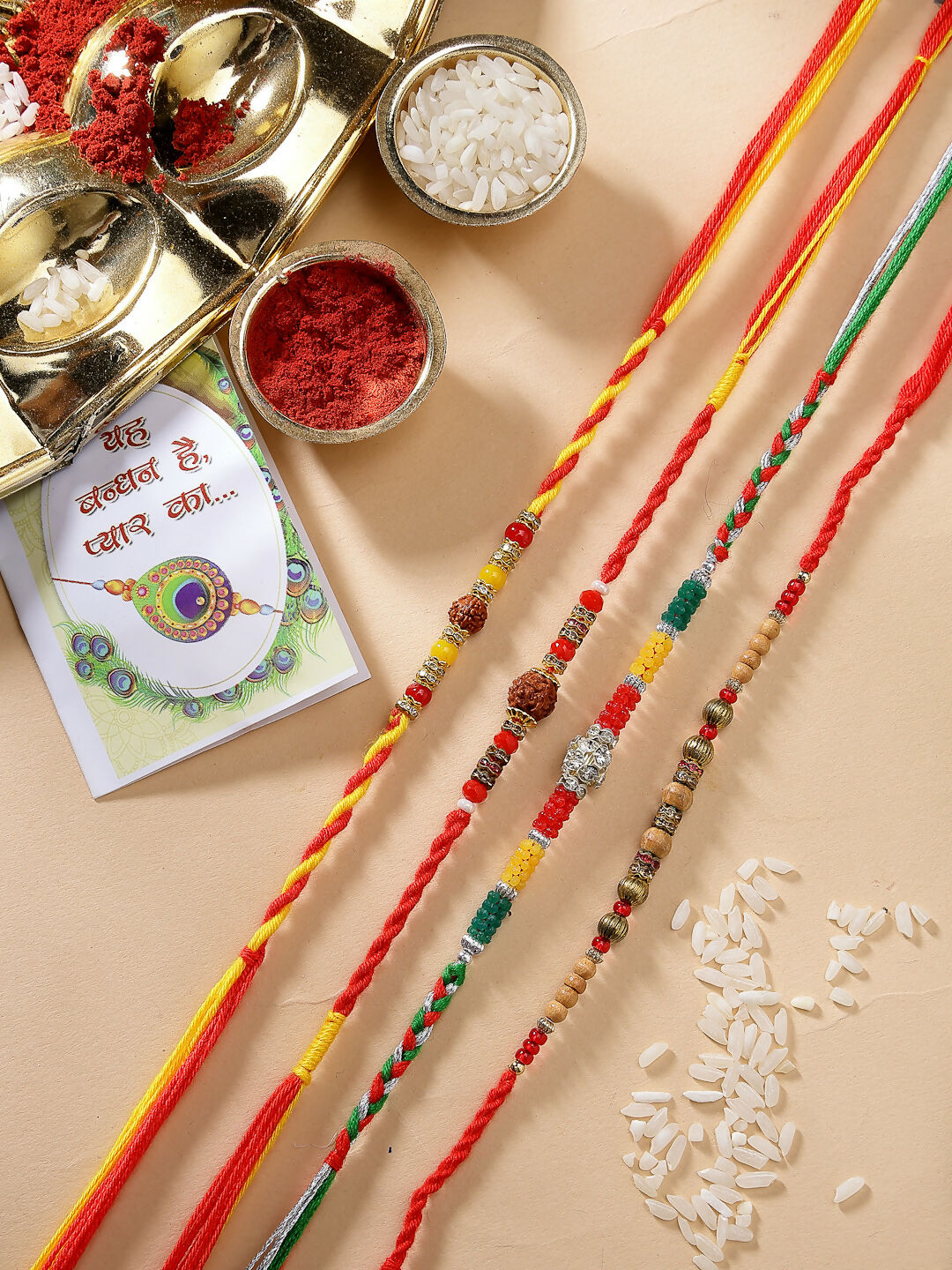 NVR Women & Men Set of 4 Multicolor Artificial stone and beads Rakhi With Roli Chawal - Distacart