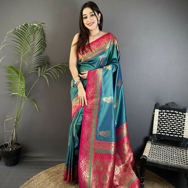Joban Fashion Teal Banarasi Soft Silk Peacock Butta Work Saree