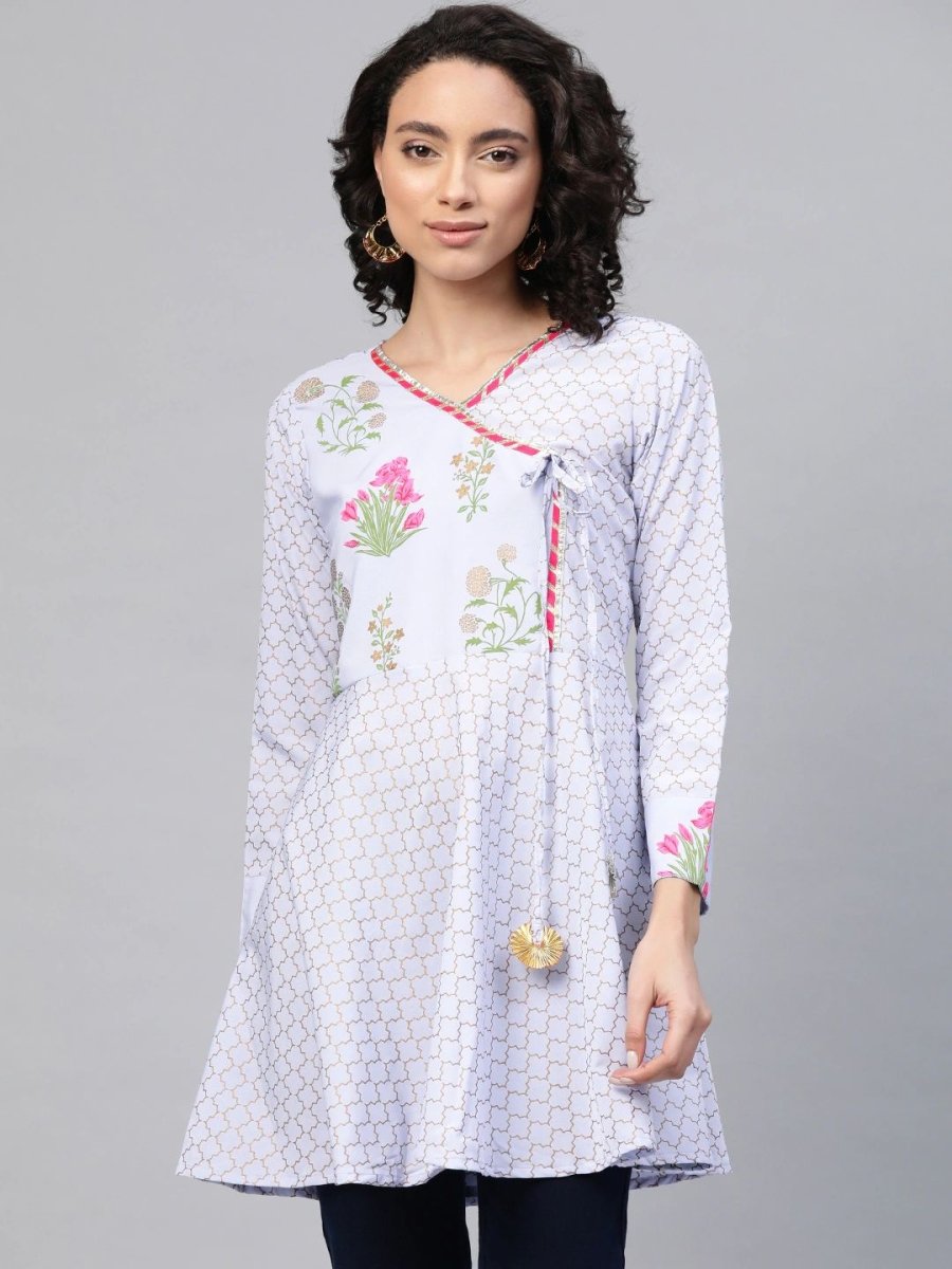 Ahalyaa Women Blue Crepe Pink & Gold Ethnic Print Angrakha Tunic