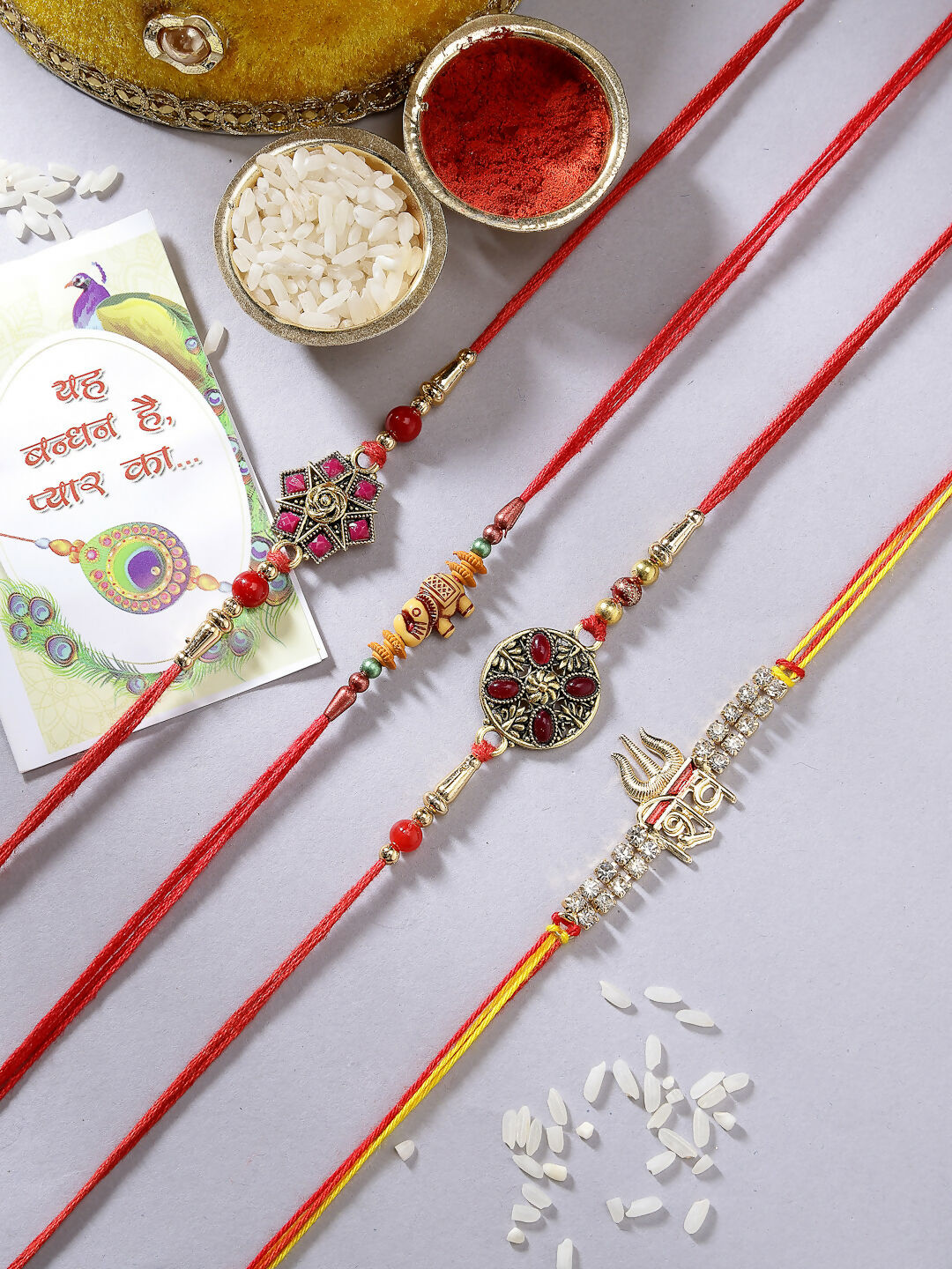 NVR Men Set of 4 Multicolor Stone-Studded Rakhi With Roli Chawal - Distacart