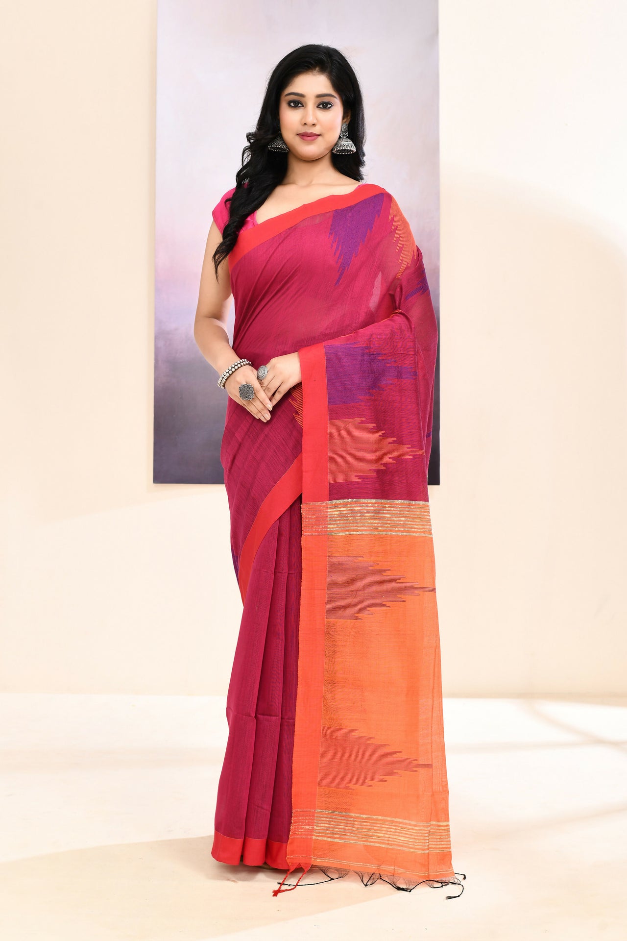 Piyari Fashion Women's Rani Temple Border Embellished Cotton Blend Jamdani Saree - Dista