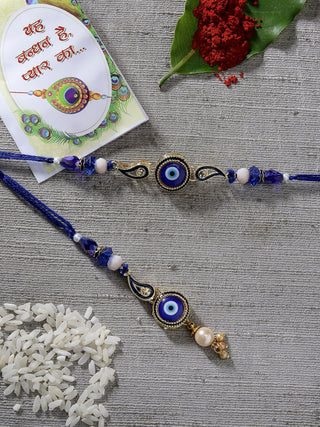 NVR Women & Men Set of 2 Blue Evil Eye Beaded Bhaiya Bhabhi Rakhi With Roli Chawal - Distacart