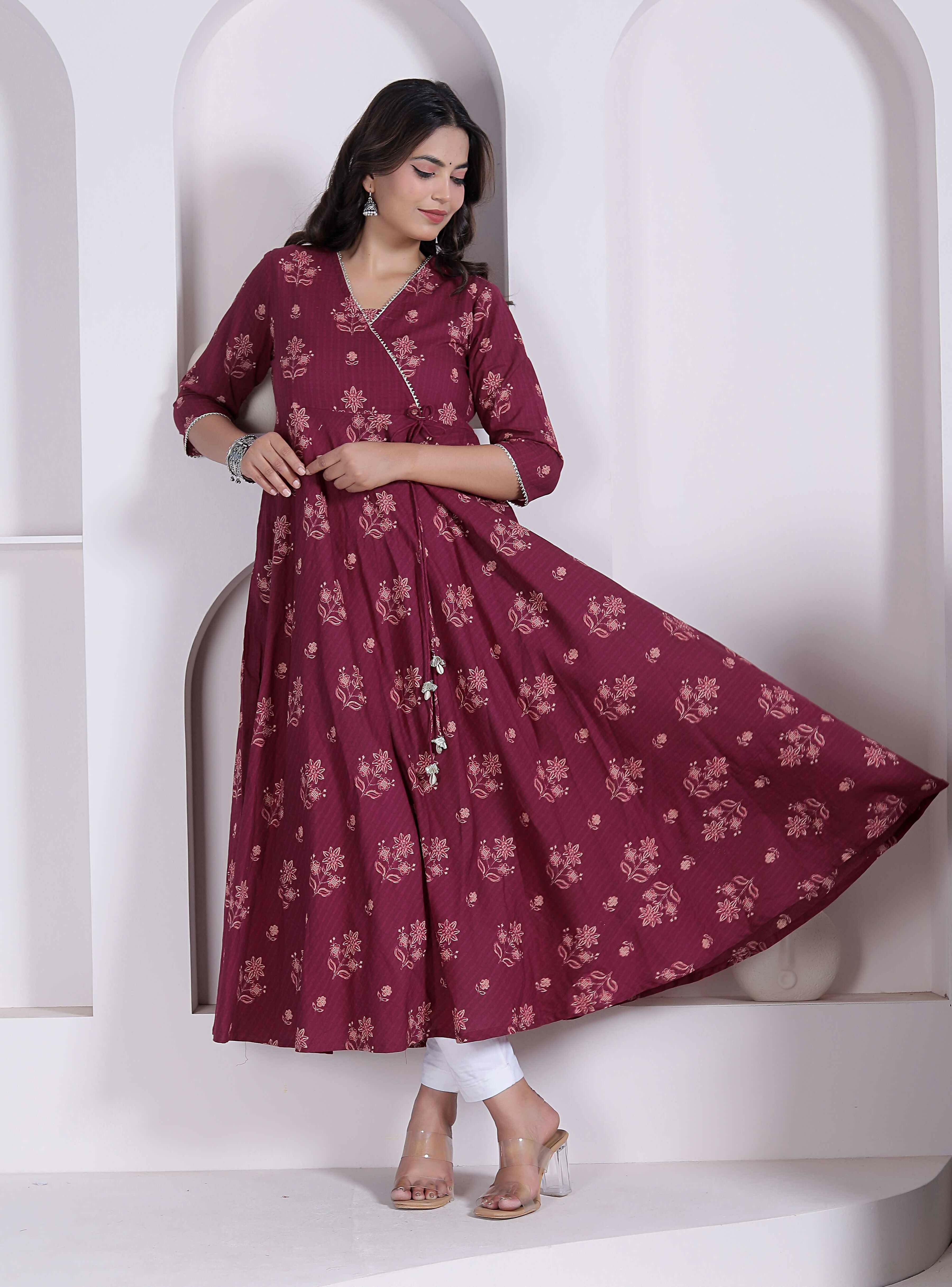 Miravan Womens Maroon Floral Printed Angrakha Style Kurta - Dista