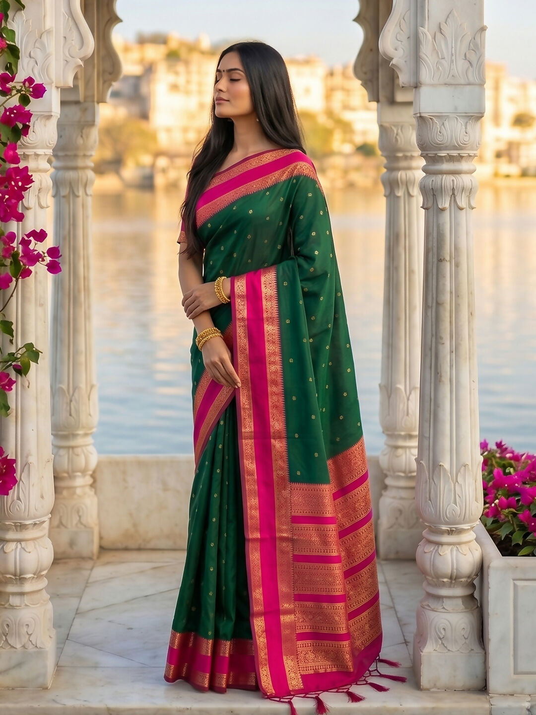 Shree Shyam Fashion Dark Green Silk Blend Saree - Dista