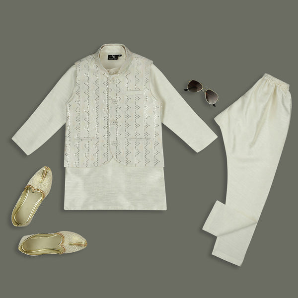 Joban Fashion Kids Island Elegance Sequence work Nehru Jacket Full Sleeves Kurta, Pyjama Set - Cream - Distacart