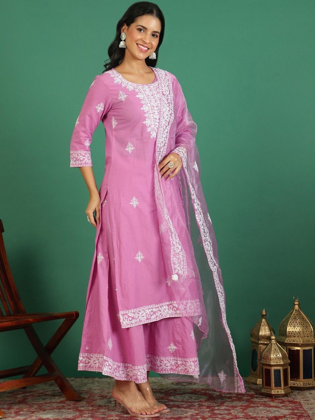 Sangria Embroidered Pure Cotton Round- Neck Kurta & Trousers With Dupatta - Distacart