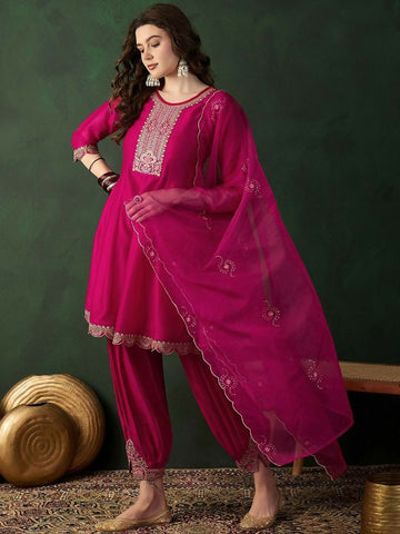 The52 Women's Beautiful Embroidery Work Vichitra Fabric A-line Kurta Pant and Dupatta Set - Dista