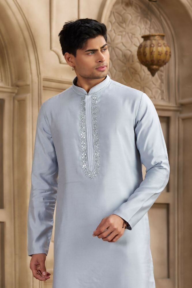 Raivat Ethnic Banarasi Art Silk Mirror Work Kurta Pajama In Sky Blue Colour