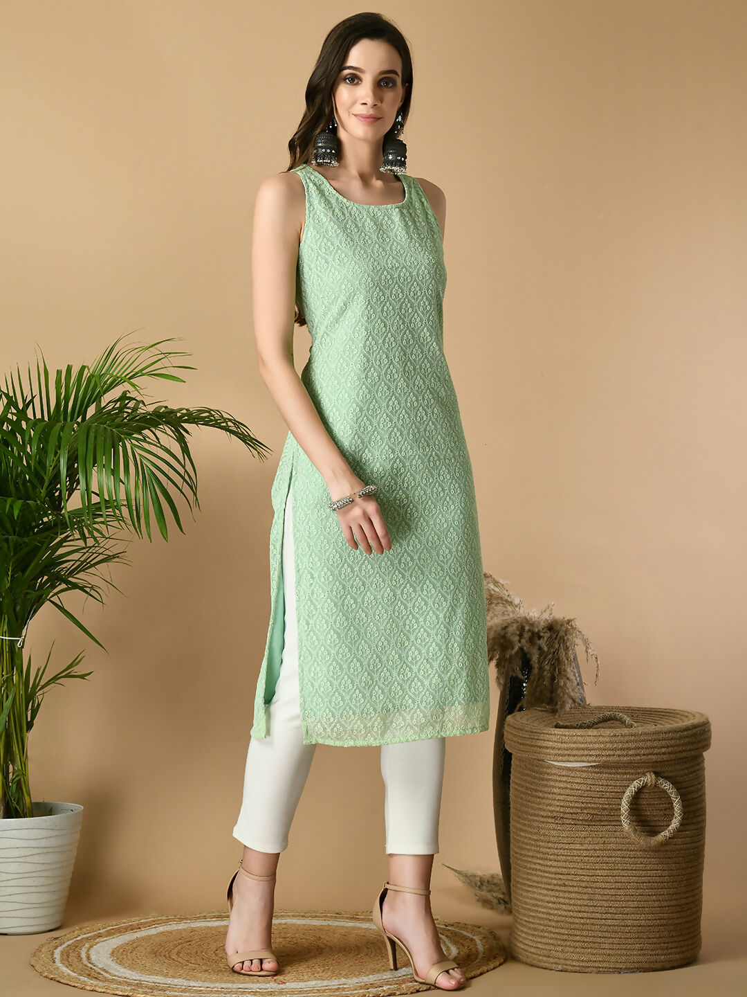 Myshka Women's Green Georgette Sleeveless Straight Party Kurta - Distacart
