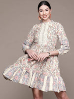 Thumbnail for Anubhutee Women Off White Ethnic Motifs Cotton A-Line Dress - Distacart
