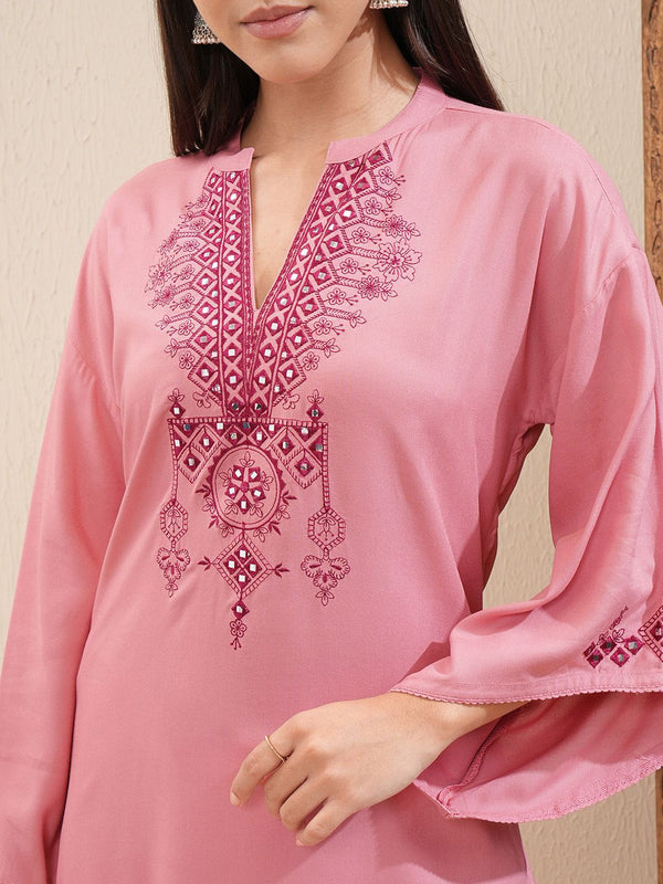 Vishudh Floral Embroidered Mandarin Collar Bell Sleeves Mirror Work Straight Kurta