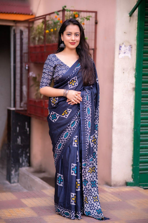 Blue Silk Blend Ethnic Motifs Saree with Unstitched Blouse - Hiral Fashion - Distacart