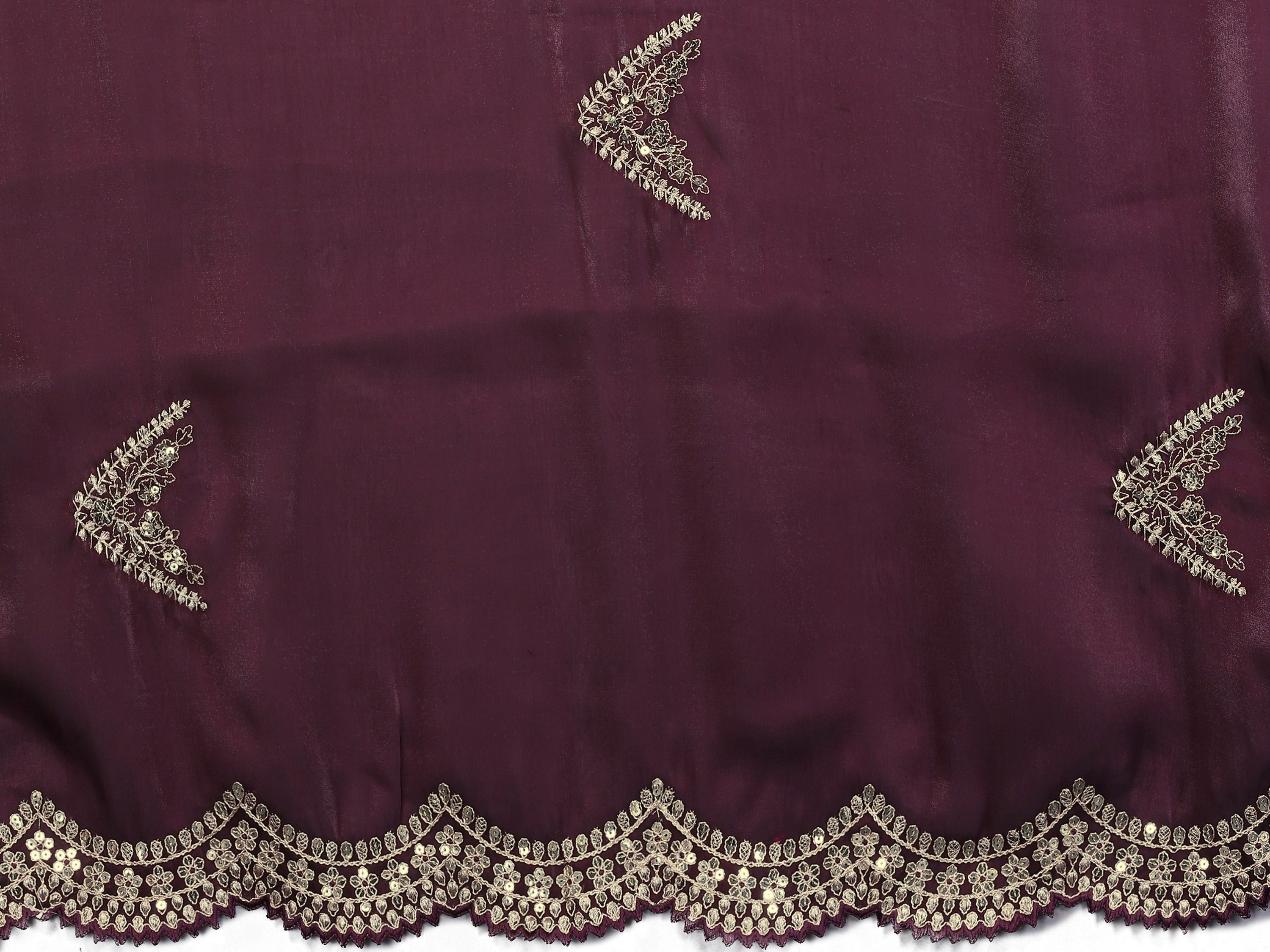 Vastranavya Wine Embroidery Work Shimmer Chiffon Saree with Unstitched Blouse
