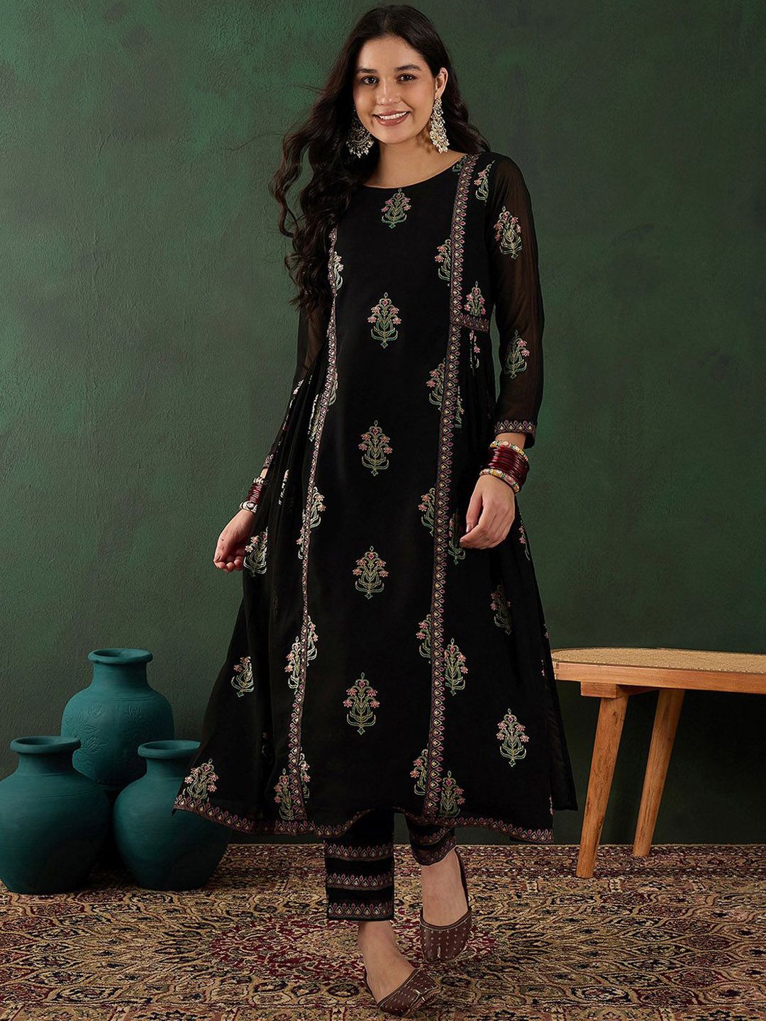 Sangria Floral Printed A-Line Kurta With Trouser - Distacart