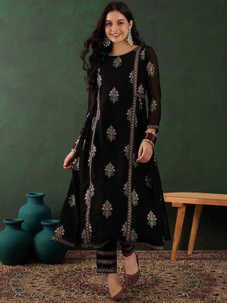 Sangria Floral Printed A-Line Kurta With Trouser